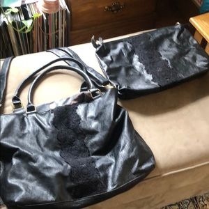 Black Faux Leather Bag w/ Laptop Sleeve